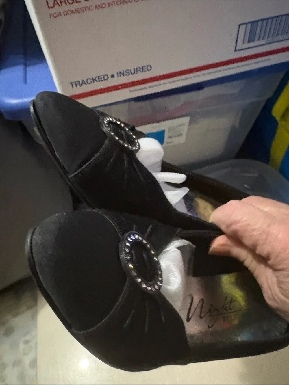 Life Stride Black Satin Pointed Toe Heels with Decorative Crystal Buckle